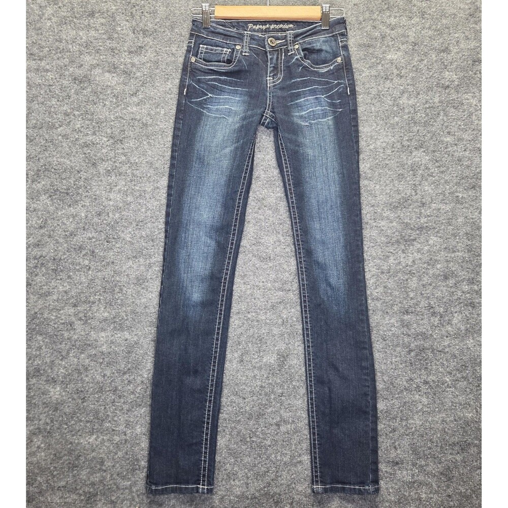 Papaya Jeans Juniors 1 Blue Wash Low Rise Skinny Stretch Embroidered Rhinestone